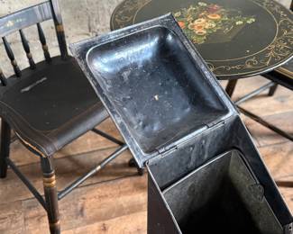 This lot features a collection of Victorian-era items including two chairs, a small table, and a coal scuttle with tools.
