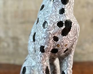 This lot features a stunning antique Chinese cloisonné sculpture of a Dalmatian dog. The tail is barely holding on as shown in photos, but is complete and a stunning sculpture. This Dalmatian measures, 14.5” H x 7” W x 9.5” D.
