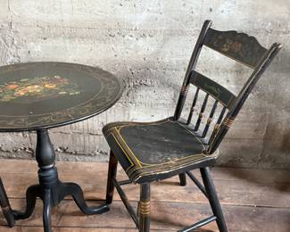 This lot features a collection of Victorian-era items including two chairs, a small table, and a coal scuttle with tools.
