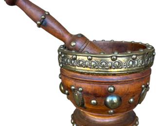 Ornate Wooden Mortar Pestle w Brass Trim 
