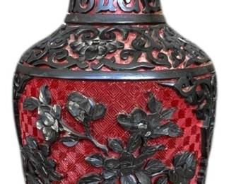 Carved Red Black Cinnabar Vase, 9 