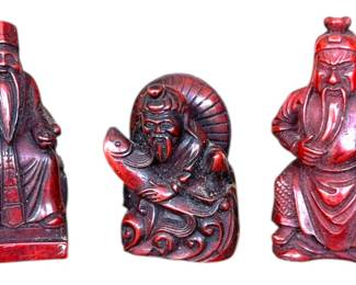 Carved Red Fu Lu Shou Figurine Trio 