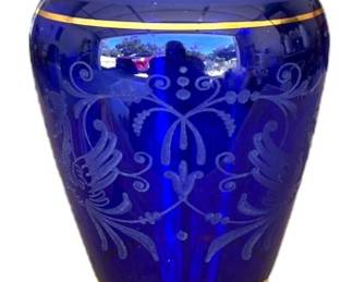 Cobalt Blue Gold Bohemian Art Glass Vase 