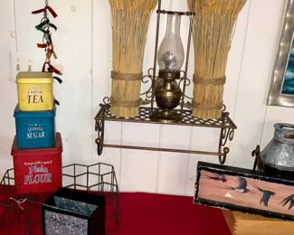 Vintage, tea set, wine rack, wheat stalks, bird, painting, vintage lamp