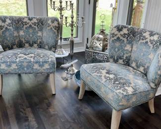 Damask, blue, chairs, set, candleabras, silver, set, bird cage, silver, large