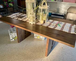 Kitchen table, no chairs, farmhouse style, lanterns, glassware 