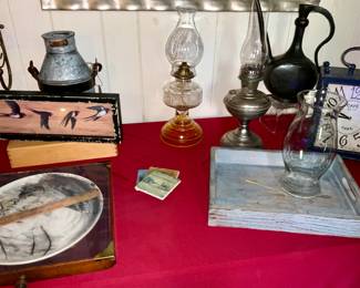 Vintage, tea set, wine rack, wheat stalks, bird, painting, vintage lamp