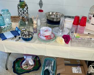 Shot glasses, dog dishes, coca cola plate and bowl set, mixing bowls, glass ball jars, paper napkins