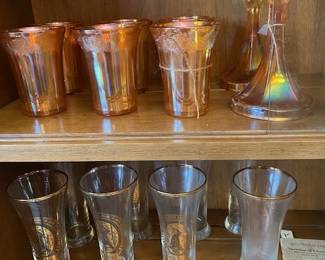 Hazel Atlas Fruit tumblers and, Carnival candlesticks, Vintage Coors Gold glasses