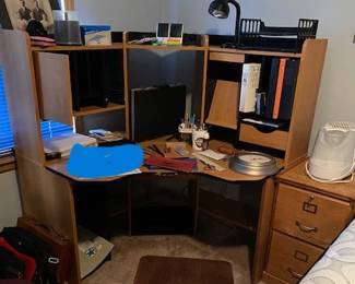 desk with misc., 2 drawer wood filr cabinets