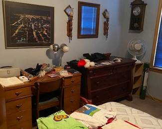 wood desk, antique chest, Venturian 35 Day wind up clock