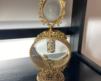 Vintage Gold Ormolu Filigree Perfume Bottle with Reclining  Cherub