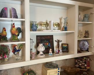 HOME DECOR, VINTAGE, BOOKENDS, ROOSTER DECOR ,MOWL DECOR, ART GLASS,