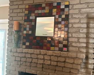Mosaic mirror, candle sticks and candles, fire place screen 