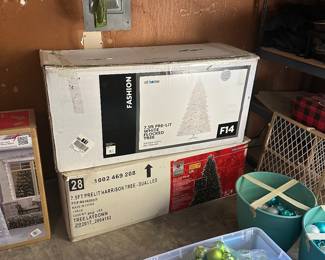 CHRISTMAS TREES, ORNAMENTS, RIBBON,LAWN ORNAMENTS