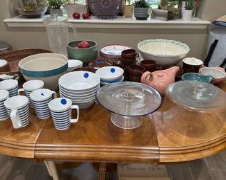 Pottery barn plates and cups, vintage Russell wright dishware, table and 4 chairs ,plants, and kinds of dishes 