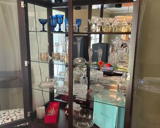 BEAUTIFUL CHINA CABINET , TIFFANY CRYSTAL , OLD WILLIAMSBURG BLUE STEMWARE , WATERFORD, CRYSTAL DISHES ,VINTAGE DISHWARE