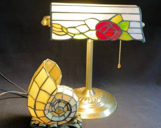 2 Stained Glass Lights * Seashell & Rose Desk Lamp