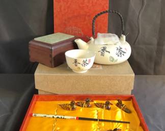 New Asian Design Teapot/Cup Set , Jade/Wood Trinket Box , Lacquer Duck Chopstick Holders