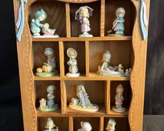 Precious Moments Wood Display Shadow Box with 12 Small Figurines and Ceramic Decor