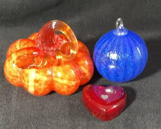 3 Fun Art Glass Pieces * Pumpkin, Heart & Blue Hanging Ball