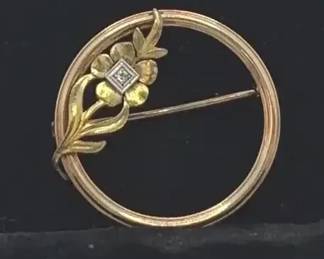 Vintage Krementz 10K Yellow Gold Circle Brooch with Tested Diamond , 2.74g
