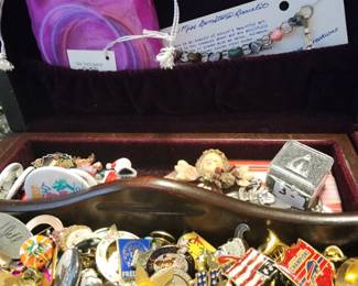 Assorted enamel and metal pins, and other jewelry