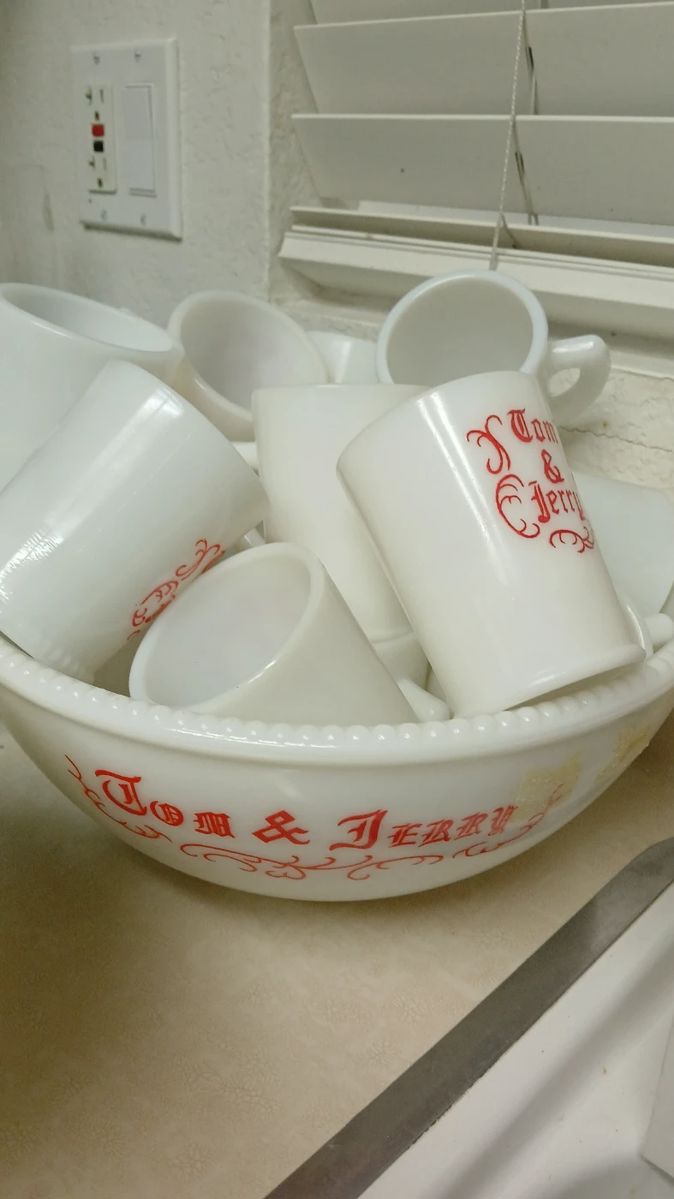 Vintage Fire-King Tom & Jerry Eggnog Punch Bowl Set with Mugs Milk Glass