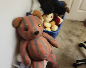 Vintage Handmade Cloth Teddy Bear – Large Striped Stuffed Animal Folk Art