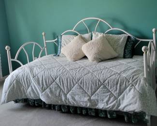 PRESALE ITEM - $100 WHITE METAL DAY BED WITH TWIN MATTRESS AND ROOM FOR STORAGE BELOW