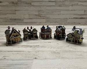 Set of 5 Lighted Ceramic Christmas Village Houses Holiday Town Collection