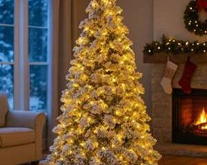 9’ Flocked Pre-Lit Christmas Tree – Warm White LED Lights – Full, Realistic Branches – Premium Holiday Centerpiece