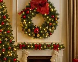 Lighted Christmas Wreath 27” – Red & Gold Ornaments, Oversized Bow, Indoor/Outdoor Holiday Decor