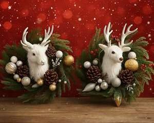 Set of 2 White Deer Christmas Wreaths Gold Silver Pinecone Holiday Wall Door Decor