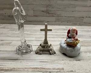 Set of 3 Religious Christmas Figurines Angel Cross Santa Praying over Baby