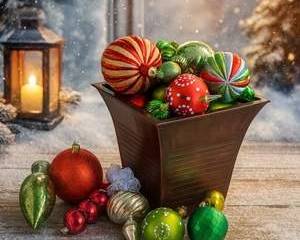 Christmas Ornament Collection Red Green Gold Glitter Holiday Decor Bowl Display (Bowl and Ornaments only)