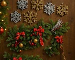 Christmas Garland & Snowflake Ornament Set Red Gold Silver Holiday Decor Lot