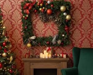 Large 3’x3’ Square Christmas Wreath with Ornaments & Pinecones – Elegant Holiday Wall Décor