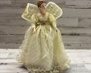 Vintage Porcelain Christmas Angel Tree Topper in Ivory Lace Dress with Wings