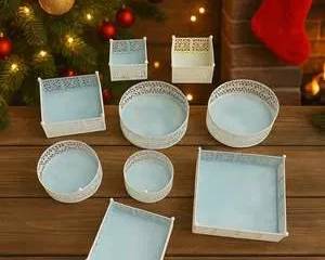 Vintage Style Metal Trays Set Lace Design Blue White Decorative Holiday Display