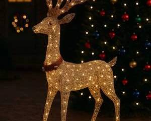 Lighted Gold Mesh Reindeer with Antlers and Bell Collar Outdoor Christmas Décor