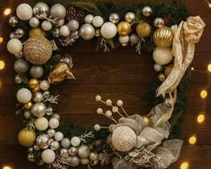 Elegant 36” Square Christmas Wreath – Gold, Silver & White Ornament Design