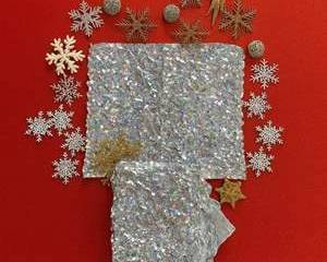 Silver Holographic Holiday Sheeting with Gold & Silver Snowflake Ornaments Christmas Decor