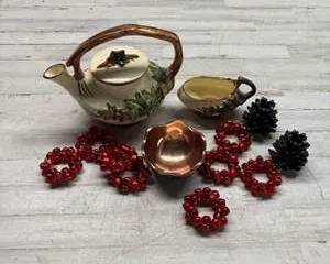 Fitz and Floyd Woodland Holiday Teapot Creamer Bowl Red Bells Christmas Decor Lot