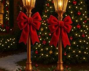 Pair of Lighted Bronze Christmas Lamp Posts with Red Bows and Pine Accents