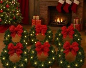 Set of 6 Lighted Christmas Wreaths with Red Bows Holiday Window Door Wall Decor