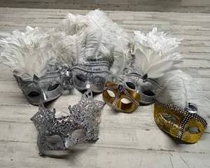 Large lot of Elegant Venetian Masquerade Masks – Feathered & Glittered Party or Event Decor Lot