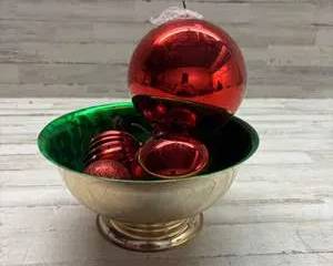 Vintage Silver and Green Bowl with Red Christmas Ornament Display Holiday Centerpiece