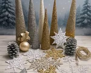 Gold Silver Glitter Cone Trees Snowflake Ornaments Pinecone Holiday Christmas Decor Set