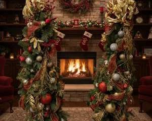 Pair of 5-Foot Pre-Lit Christmas Topiary Trees – Elegant Gold & Red Decor with Ornaments and Ribbon